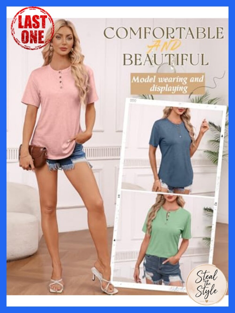 3 Pack Women's Henley Shirts Tunic Tops Loose Fit Curved Hem Short Sleeve - Picture 2 of 6